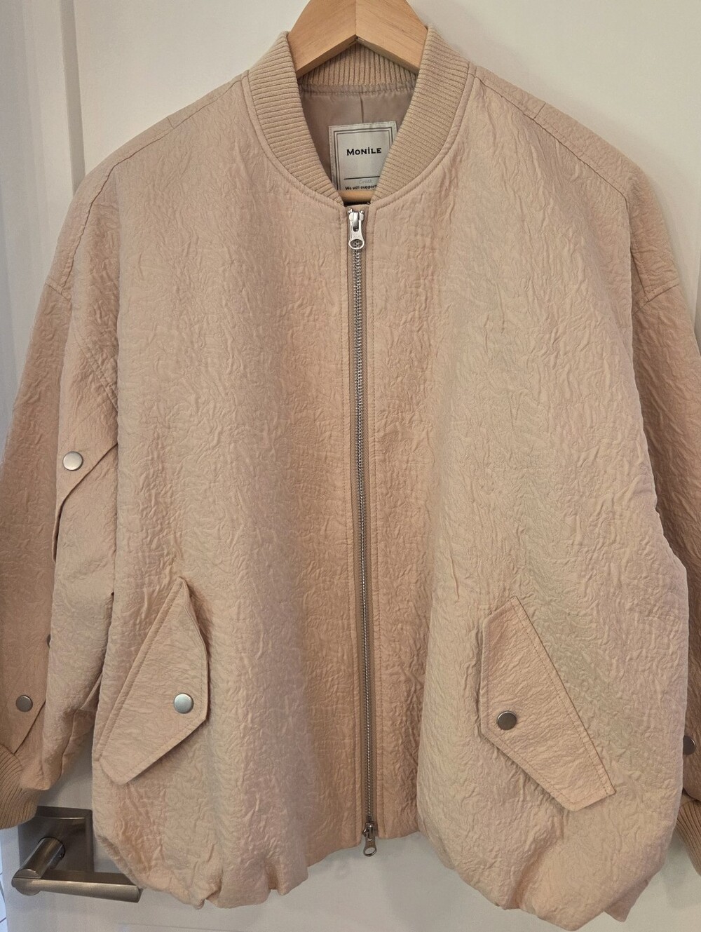 Monile Japanese Boutique Crinkle Bomber Jacket Peach Beige Snap Sleeve One Size